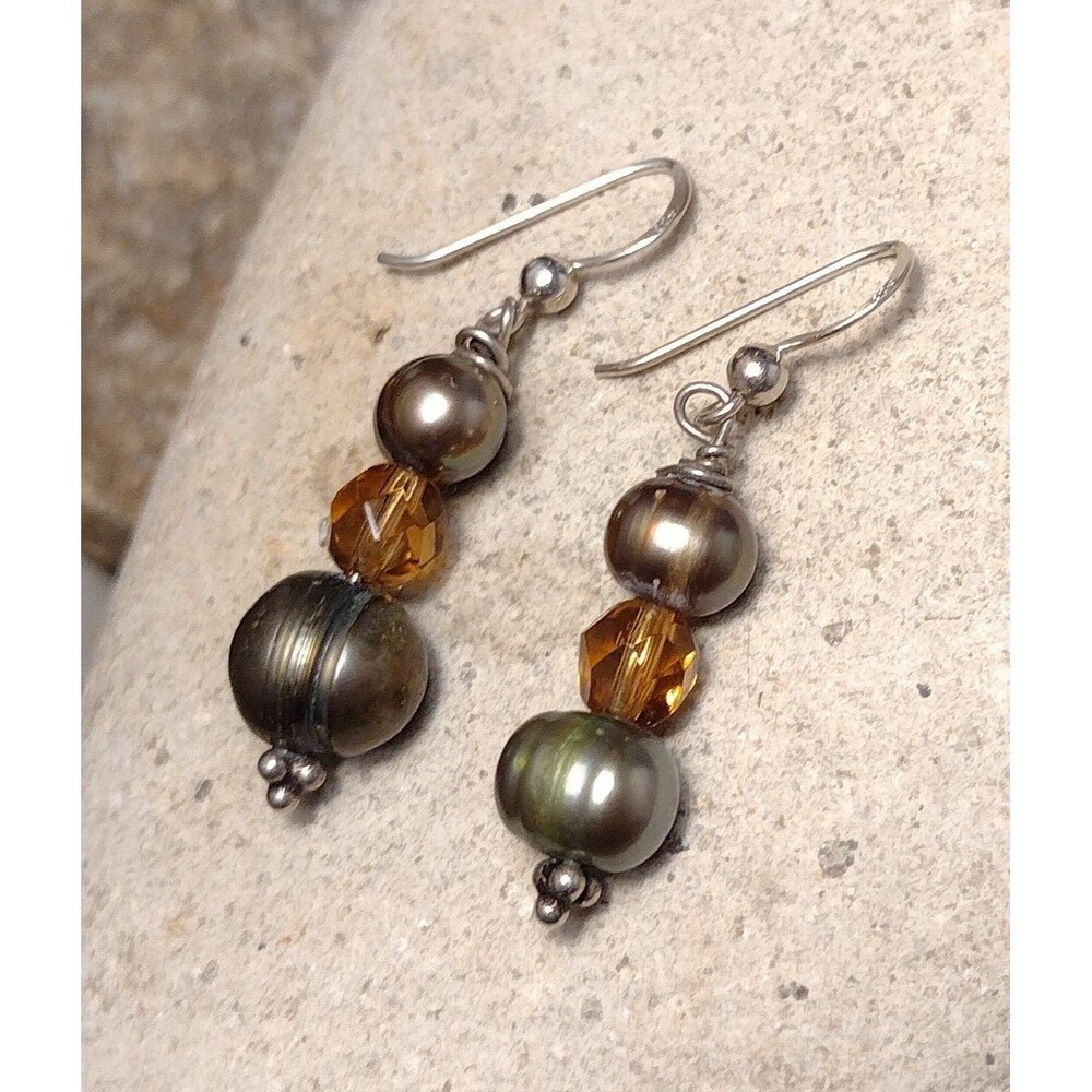 Sterling Silver .925 Amber Swarovski Crystal Bronze Cultured Pearl Earrings